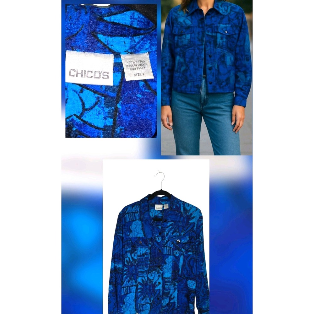 Chico's Artsy Blazer Top Blue Floral Nautical Women's Size Medium 1